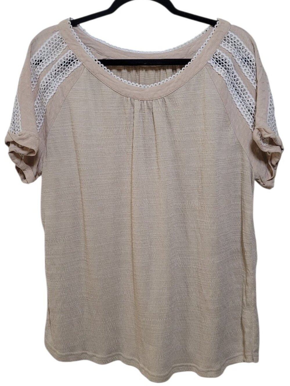 Soft Surroundings Crochet Short Sleeve Top Blouse Womens Tan Beige Gauze 1X Boho
